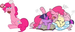 Size: 1000x429 | Tagged: artist needed, source needed, safe, derpibooru import, fluttershy, pinkie pie, twilight sparkle, earth pony, pegasus, pony, :t, book, cuddle puddle, cuddling, cute, donut, dream, eyes closed, playing, pony pile, prone, sleeping, smiling, thought bubble, wink, zzz