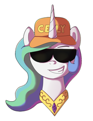 Size: 1000x1300 | Tagged: safe, artist:oggynka, princess celestia, alicorn, pony, baseball cap, bust, grin, hat, solo, sunglasses, swag