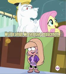 Size: 640x717 | Tagged: safe, bulk biceps, fluttershy, pegasus, pony, blonde, blonde mane, blonde tail, blue eyes, curtain, double dipper, ear piercing, exploitable meme, female, gravity falls, hub logo, looking to side, looking to the right, male, mare, meme, open mouth, pacifica northwest, piercing, pink mane, pink tail, red eyes, replacement meme, smiling, spread wings, stallion, text, white coat, wings, yellow coat