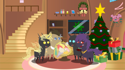 Size: 6666x3747 | Tagged: safe, artist:steampunk-brony, derpy hooves, doctor whooves, oc, oc:loveless, oc:rouge fervour, changeling, pegasus, pony, absurd resolution, bouquet, changelingified, christmas, christmas changeling, christmas tree, christmas wreath, female, magic, mare, species swap, tree, yellow changeling