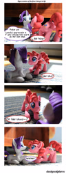 Size: 1150x3000 | Tagged: safe, artist:dustysculptures, pinkie pie, rarity, comic, dialogue, irl, photo, plot, sculpture, stare