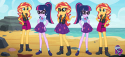 Size: 2304x1053 | Tagged: safe, sci-twi, sunset shimmer, twilight sparkle, equestria girls, equestria girls series, beach, equestria girls logo, fashion photo booth, multeity, my little pony logo, shimmerstorm, triality, trio, twolight