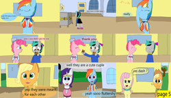 Size: 11550x6600 | Tagged: safe, artist:mellowbomb, derpibooru import, applejack, pinkie pie, rainbow dash, rarity, oc, oc:closingrain, earth pony, pegasus, pony, unicorn, comic:calamity fateful, 1000 hours in ms paint, absurd resolution, canon x oc, dialogue, female, lesbian, shipping