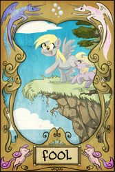 Size: 1204x1799 | Tagged: safe, artist:robd2003, derpy hooves, dinky hooves, princess celestia, princess luna, alicorn, pegasus, pony, cliff, female, mare, s1 luna, tarot, tarot card, the fool