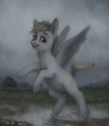 Size: 605x700 | Tagged: safe, artist:exclusionzone, derpy hooves, pegasus, pony, cloud, cloudy, looking at you, puddle, rain, smiling, solo, spread wings