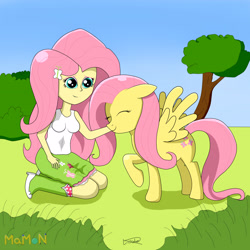 Size: 3072x3072 | Tagged: safe, artist:mamon10, fluttershy, equestria girls, human ponidox, petting, square crossover