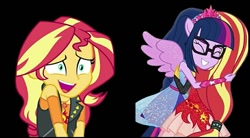 Size: 729x402 | Tagged: safe, sci-twi, sunset shimmer, twilight sparkle, better together, equestria girls, forgotten friendship, black background, simple background, smiling