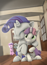 Size: 1048x1440 | Tagged: safe, artist:amfixer, diamond tiara, rarity, silver spoon, sweetie belle, pony, unicorn, 3d, hug, source filmmaker