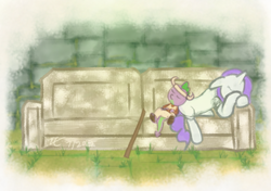 Size: 1249x881 | Tagged: safe, artist:liracrown, rarity, spike, dragon, pony, unicorn, clothes, crossover, game, hat, ico, resting, sleeping, sofa