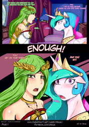 Size: 1488x2104 | Tagged: safe, artist:dragk, princess celestia, alicorn, pony, comic:sun-light - human on goddessess, angry, comic, crossover, dialogue, imminent sex, imminent threesome, kid icarus, offscreen character, palutena, self insert, speech bubble, yelling