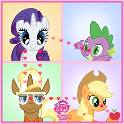 Size: 800x800 | Tagged: safe, applejack, rarity, spike, trenderhoof, dragon, earth pony, pony, unicorn, simple ways, apple, cargo ship, crush, facebook, female, glasses, heart, logo, male, my little pony logo, official, rarihoof, shipping, shipping chart, sparity, straight, that pony sure does love apples, trenderity, trenderjack