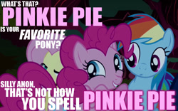 Size: 576x360 | Tagged: safe, derpibooru import, fluttershy, pinkie pie, rainbow dash, earth pony, pegasus, pony, artifact, caption, image macro, meme, pink text