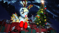 Size: 1920x1080 | Tagged: safe, artist:powdan, derpy hooves, pegasus, pony, 3d, christmas, christmas lights, christmas ornament, christmas stocking, christmas tree, cute, decoration, female, gmod, mare, night, present, rudolph the red nosed reindeer, snow, snowfall, snowman, tree