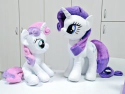 Size: 1024x768 | Tagged: safe, artist:nekokevin, rarity, sweetie belle, pony, unicorn, duo, female, filly, irl, mare, photo, plushie, siblings, sisters, sitting, smiling