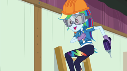 Size: 1280x720 | Tagged: safe, derpibooru import, screencap, rainbow dash, constructive criticism, constructive criticism: rainbow dash, equestria girls, equestria girls series, drill, geode of super speed, hard hat, magical geodes, safety goggles, solo