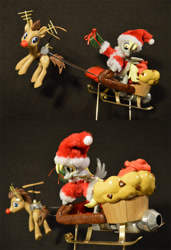 Size: 1000x1464 | Tagged: safe, artist:prototypespacemonkey, derpy hooves, doctor whooves, pegasus, pony, christmas, clothes, costume, female, food, hat, mare, muffin, rudolph the red nosed reindeer, santa costume, santa hat, sculpture, sleigh, traditional art