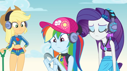 Size: 1920x1080 | Tagged: safe, derpibooru import, screencap, applejack, rainbow dash, rarity, better together, equestria girls, lost and found, applejack's hat, baseball cap, belly button, cap, clothes, cowboy hat, ear piercing, earring, geode of shielding, geode of super speed, geode of super strength, hat, headphones, horseshoes, irony, jewelry, lidded eyes, magical geodes, metal detector, midriff, piercing, sarong, stetson, sun hat, swimsuit, thighs, trio