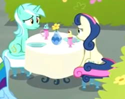 Size: 422x334 | Tagged: safe, derpibooru import, screencap, bon bon, lyra heartstrings, rainbow dash, sweetie drops, pegasus, pony, the end in friend, confused, cropped, duo focus, female, looking at each other, sitting, table