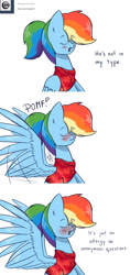 Size: 700x1485 | Tagged: safe, artist:lrusu, derpibooru import, rainbow dash, soarin', pegasus, pony, ask, ask teen rainbow dash, askteenrd, blatant lies, blushing, embarrassed, female, implied soarin', implied soarindash, male, pomf, rainbow dash always dresses in style, shipping, soarindash, solo, straight, tumblr, wingboner