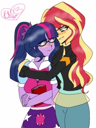 Size: 768x1024 | Tagged: safe, artist:brickercupmasterx3, sci-twi, sunset shimmer, twilight sparkle, equestria girls, art trade, blushing, book, female, hug, lesbian, looking at each other, scitwishimmer, shipping, simple background, smiling, sunsetsparkle