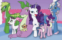 Size: 1024x663 | Tagged: safe, artist:bico-kun, rarity, spike, oc, oc:celerity, oc:clawed, oc:fang, oc:hilarity, oc:pointdexter, oc:verity, dracony, dragon, hybrid, pony, unicorn, alternate hairstyle, female, glasses, interspecies offspring, male, moustache, offspring, older, older spike, parent:rarity, parent:spike, parents:sparity, shipping, sparity, straight