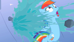 Size: 1280x720 | Tagged: safe, derpibooru import, screencap, rainbow dash, pegasus, pony, the mysterious mare do well, dam, derp, faic, leaking, rainbow dash is best facemaker, solo, water