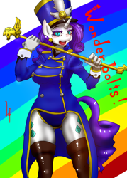 Size: 1000x1400 | Tagged: safe, artist:kenoi, rarity, anthro, unicorn, ancient wonderbolts uniform, breasts, clothes, eyestrain warning, female, hat, needs more saturation, rainbow background, raritits, sgt. rarity, shako, style comparison, uniform