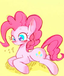 Size: 542x640 | Tagged: safe, artist:gebomamire, pinkie pie, earth pony, pony, blushing, colored pupils, female, mare, prone, simple background, solo, yellow background