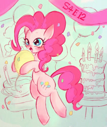 Size: 540x640 | Tagged: safe, artist:gebomamire, pinkie pie, earth pony, pony, pinkie pride, balloon, cake, hoof hold, solo