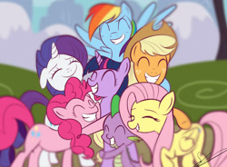 Size: 1280x943 | Tagged: safe, artist:styber, derpibooru import, applejack, fluttershy, pinkie pie, rainbow dash, rarity, spike, twilight sparkle, dragon, earth pony, pegasus, pony, unicorn, group hug, hug, mane seven, mane six