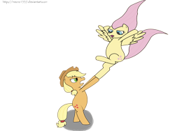 Size: 1024x768 | Tagged: safe, artist:necro1337, applejack, fluttershy, earth pony, pegasus, pony, blonde mane, duo, female, mare, orange coat, pink mane, wings, yellow coat