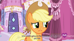 Size: 640x355 | Tagged: safe, edit, edited screencap, screencap, applejack, earth pony, pony, simple ways, caption, carousel boutique, hub logo, meme, solo, youtube caption