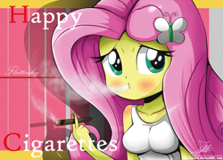 Size: 1333x959 | Tagged: safe, artist:the-butch-x, fluttershy, equestria girls, blushing, cigar, fingernails, green eyes, nail polish, pink hair, smoke, smoking, solo