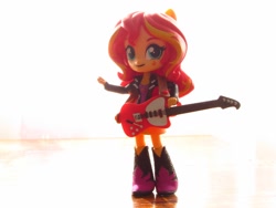 Size: 1200x900 | Tagged: safe, artist:whatthehell!?, sunset shimmer, equestria girls, boots, clothes, doll, equestria girls minis, guitar, irl, jacket, photo, shoes, skirt, smiley face, toy