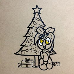 Size: 1334x1334 | Tagged: safe, artist:ashtoneer, derpy hooves, pegasus, pony, bow, christmas, christmas presents, christmas tree, female, looking at you, mare, monochrome, partial color, smiling, solo, tree