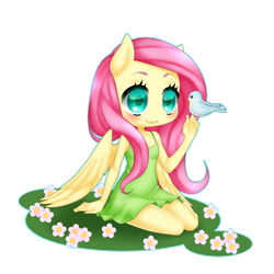 Size: 1024x1026 | Tagged: safe, artist:deizunei, fluttershy, anthro, bird, ambiguous facial structure, breasts, chibi, clothes, cute, delicious flat chest, dress, flattershy, solo, sundress