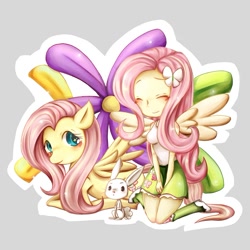 Size: 591x591 | Tagged: safe, artist:luke3411, angel bunny, fluttershy, pegasus, pony, equestria girls, blushing, clothes, cute, eyes closed, female, flower, human ponidox, mare, ponied up, shirt, skirt, smiling