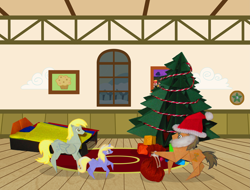 Size: 4751x3620 | Tagged: safe, artist:malte279, derpy hooves, dinky hooves, doctor whooves, pegasus, pony, absurd resolution, christmas, christmas tree, doktor hooves, doktor whooves, female, hat, hearth's warming, hearth's warming eve, mare, origami, santa hat, tree