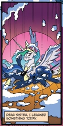 Size: 600x1186 | Tagged: safe, idw, princess celestia, princess luna, alicorn, pony, friends forever, spoiler:comic, spoiler:comicff7, context is for the weak, cream pie, custard pie, foam, messy, not what it looks like, out of context, pratfall, royal sisters, slapstick, spotlight, stage, whipped cream