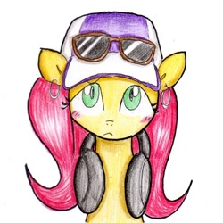 Size: 600x600 | Tagged: safe, artist:unousaya, fluttershy, pegasus, pony, earring, hat, headphones, simple background, solo, sunglasses, traditional art