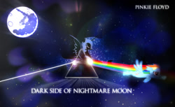 Size: 1024x627 | Tagged: safe, artist:dan232323, derpibooru import, nightmare moon, rainbow dash, alicorn, pegasus, pony, album cover, dark, eyes closed, female, flying, hipgnosis, mare, mare in the moon, moon, parody, pink floyd, ponified, ponified album cover, sparkles, the dark side of the moon, vector