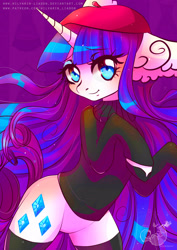 Size: 2059x2912 | Tagged: safe, artist:wilvarin-liadon, rarity, pony, unicorn, beatnik rarity, beret, clothes, ear fluff, featureless crotch, hat, solo