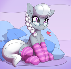 Size: 2048x1997 | Tagged: safe, artist:pabbley, silver spoon, earth pony, pony, clothes, cute, female, filly, glasses, heart, missing accessory, pillow, silverbetes, sitting, socks, solo, solo female, striped socks