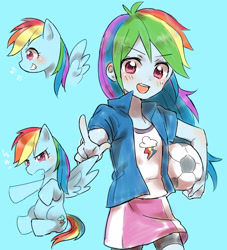 Size: 1284x1417 | Tagged: safe, artist:merryyy87, derpibooru import, rainbow dash, human, pegasus, pony, equestria girls, ball, blue background, blushing, clothes, cute, dashabetes, female, football, grin, looking at you, mare, music notes, open mouth, pixiv, shirt, simple background, skirt, smiling