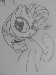 Size: 500x669 | Tagged: safe, artist:poorlydrawnpony, rarity, pony, unicorn, cute, looking at you, monochrome, raribetes, sitting, smiling, solo, traditional art