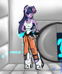 Size: 1500x1800 | Tagged: safe, artist:xonitum, derpibooru import, twilight sparkle, anthro, ambiguous facial structure, chell, clothes, crossover, portal (valve), reference, solo, tanktop