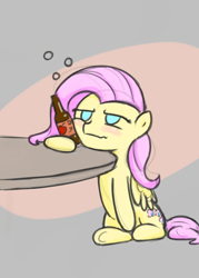 Size: 880x1232 | Tagged: safe, artist:poptart36, fluttershy, pegasus, pony, alcohol, cider, drunk, drunkershy, female, solo, table