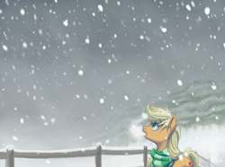 Size: 2400x1787 | Tagged: safe, artist:prismspark, applejack, earth pony, pony, clothes, fence, looking up, scarf, snow, snowfall, solo, winter