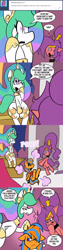 Size: 576x2304 | Tagged: safe, artist:pembroke, princess celestia, oc, oc:cold front, oc:dream dancer, alicorn, pegasus, pony, bottom heavy, clothes, comic, crossdressing, dialogue, dress, ouch, thiklestia