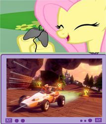 Size: 1520x1776 | Tagged: safe, fluttershy, pegasus, pony, car, controller, crossover, dragon canyon, exploitable meme, eyes closed, female, gamershy, happy, hoof hold, kart, mare, meme, miles "tails" prower, obligatory pony, open mouth, pink mane, screen, sega, smiling, sonic & all-stars racing transformed, sonic the hedgehog (series), tv meme, yellow coat